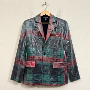JOHNNY WUJEK Blazer Green Red Plaid Sequin Holiday Glam Sparkle NWT